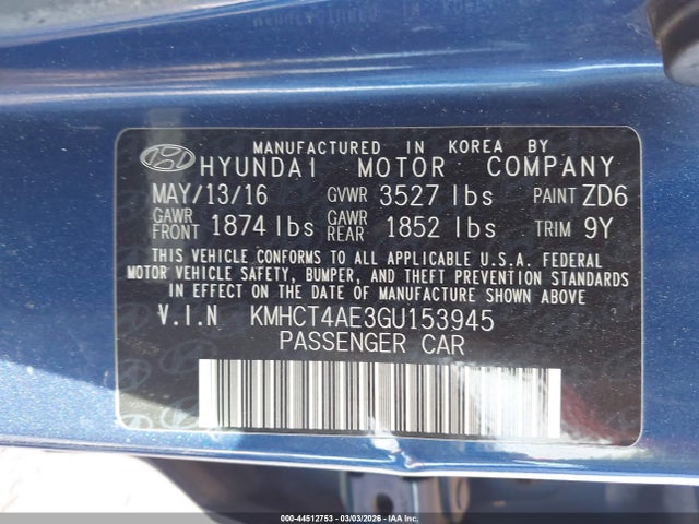 2016 Hyundai Accent Se მანქანა იყიდება აუქციონზე, vin: KMHCT4AE3GU153945, აუქციონის ნომერი: 44512753