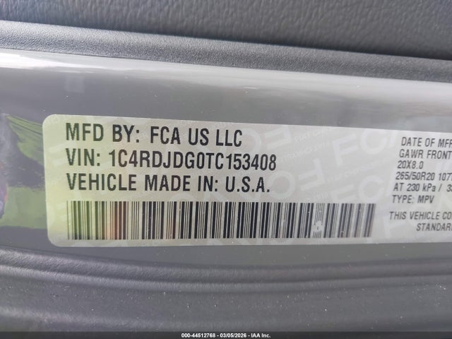 Aukcja sprzedaży 2026 Dodge Durango Gt Awd, vin: 1C4RDJDG0TC153408, numer aukcji: 44512768