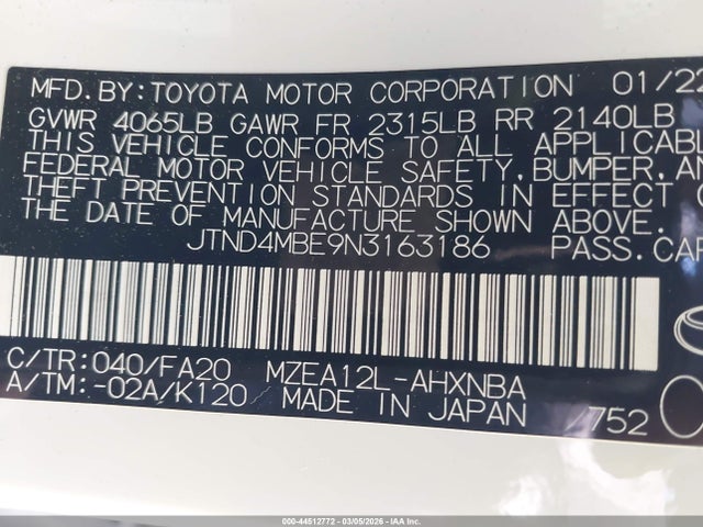 2022 Toyota Corolla Se Nightshade Edition მანქანა იყიდება აუქციონზე, vin: JTND4MBE9N3163186, აუქციონის ნომერი: 44512772
