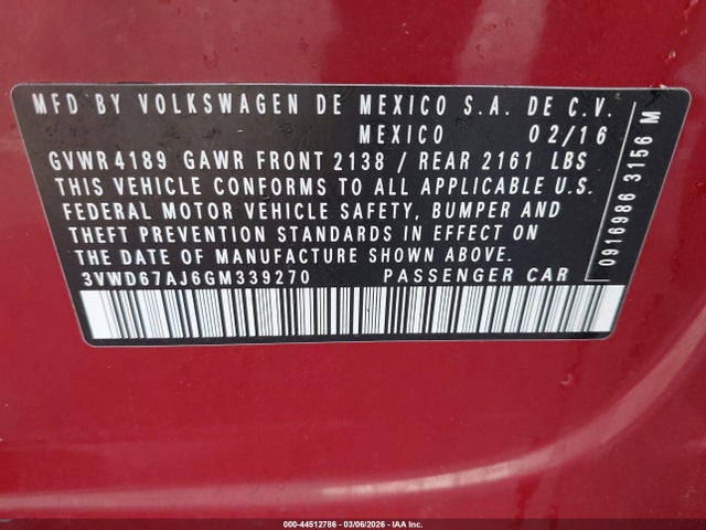 Aukcja sprzedaży 2016 Volkswagen Jetta 1.4t Se, vin: 3VWD67AJ6GM339270, numer aukcji: 44512786