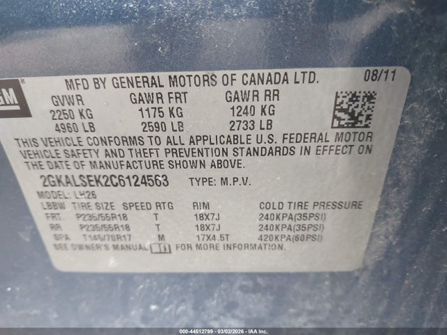Aukcja sprzedaży 2012 Gmc Terrain Sle-2, vin: 2GKALSEK2C6124563, numer aukcji: 44512799