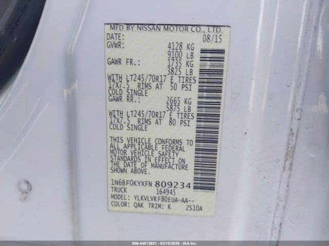 Aukcja sprzedaży 2015 Nissan Nv Cargo Nv2500 Hd Sl V6, vin: 1N6BF0KYXFN809234, numer aukcji: 44512801