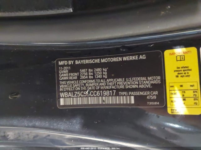 44512815 :رقم المزاد ، WBALZ5C59CC619817 vin ، 2012 Bmw 650i Xdrive مزاد بيع