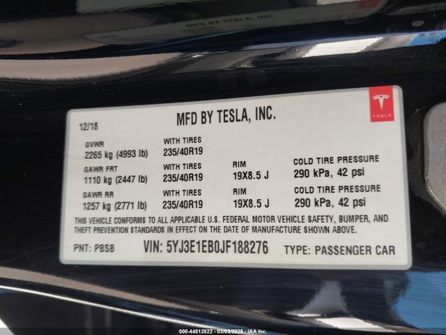 Aukcja sprzedaży 2018 Tesla Model 3 Long Range/performance, vin: 5YJ3E1EB0JF188276, numer aukcji: 44512822