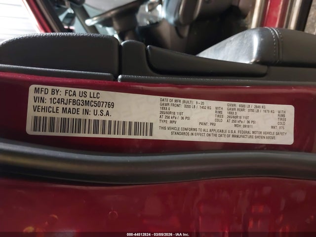Продаж на аукціоні авто 2021 Jeep Grand Cherokee Limited 4x4, vin: 1C4RJFBG3MC507769, номер лоту: 44512824