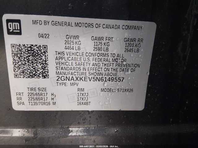 44512831 :رقم المزاد ، 2GNAXKEV5N6149557 vin ، 2022 Chevrolet Equinox Fwd Lt مزاد بيع