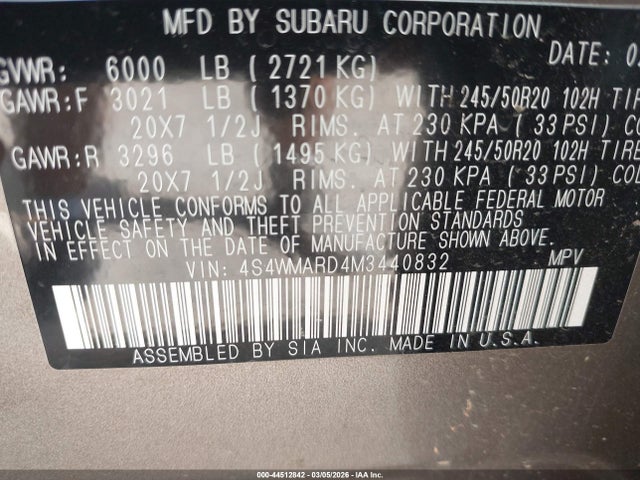 44512842 :رقم المزاد ، 4S4WMARD4M3440832 vin ، 2021 Subaru Ascent Touring مزاد بيع