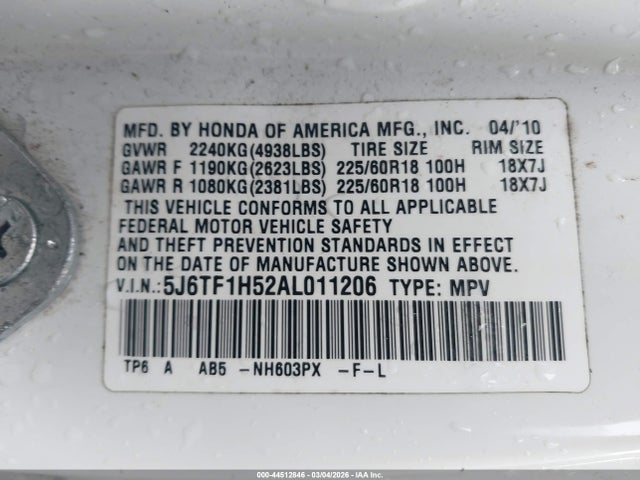 2010 Honda Accord Crosstour Ex-l მანქანა იყიდება აუქციონზე, vin: 5J6TF1H52AL011206, აუქციონის ნომერი: 44512846