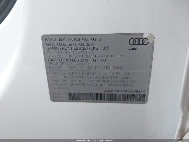 Продаж на аукціоні авто 2017 Audi Sq5 3.0t Premium Plus, vin: WA1VCAFP6HA008434, номер лоту: 44512849
