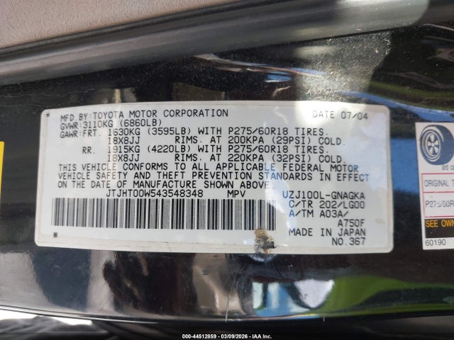 2004 Lexus Lx 470 მანქანა იყიდება აუქციონზე, vin: JTJHT00W543548348, აუქციონის ნომერი: 44512859