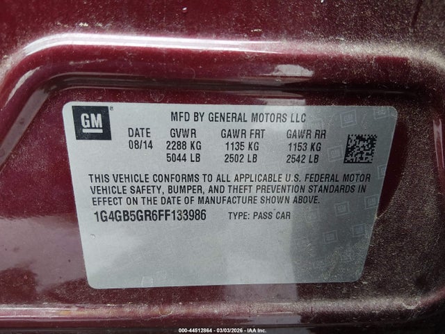 Aukcja sprzedaży 2015 Buick Lacrosse Leather, vin: 1G4GB5GR6FF133986, numer aukcji: 44512864