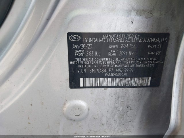 44512875 :رقم المزاد ، 5NPD84LF7LH583935 vin ، 2020 Hyundai Elantra Sel مزاد بيع