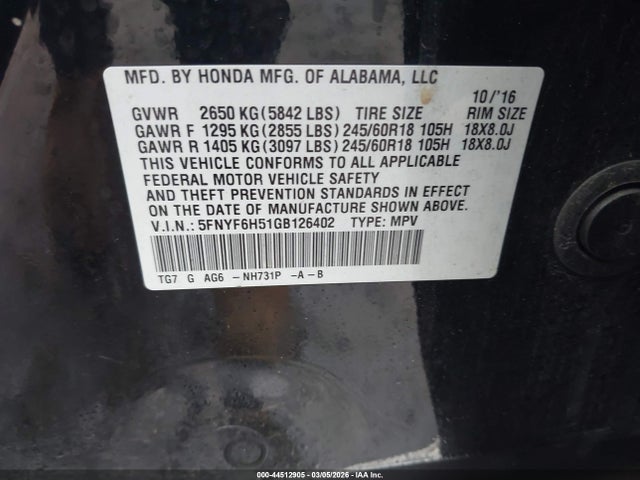 5FNYF6H51GB126402 Honda Pilot Ex-l