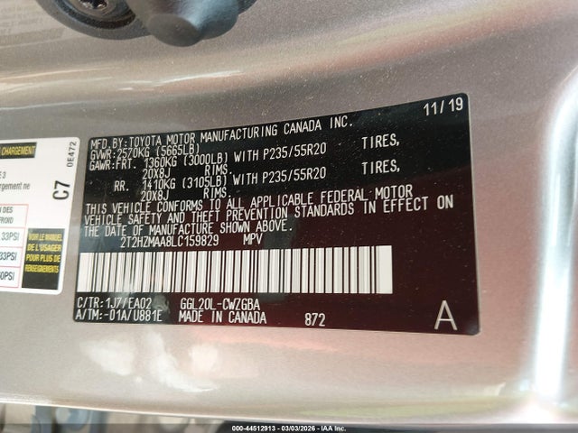 44512913 :رقم المزاد ، 2T2HZMAA8LC159829 vin ، 2020 Lexus Rx 350 مزاد بيع
