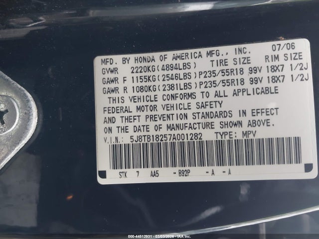 44512931 :رقم المزاد ، 5J8TB18257A001282 vin ، 2007 Acura Rdx مزاد بيع