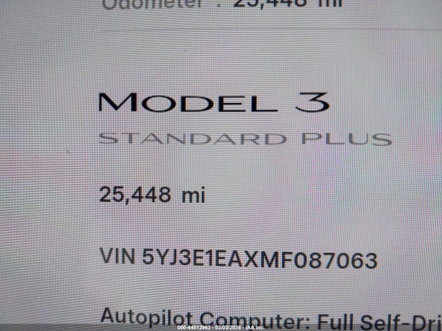 Продаж на аукціоні авто 2021 Tesla Model 3 Standard Range Plus Rear-wheel Drive, vin: 5YJ3E1EAXMF087063, номер лоту: 44512962