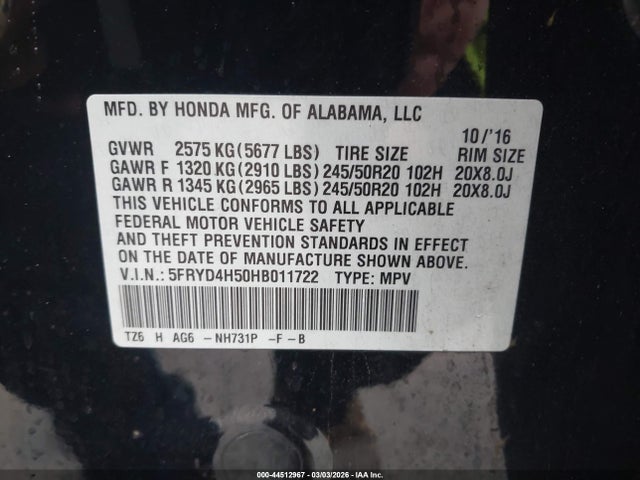 Aukcja sprzedaży 2017 Acura Mdx Technology Package, vin: 5FRYD4H50HB011722, numer aukcji: 44512967