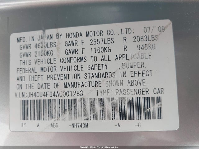 44512993 :رقم المزاد ، JH4CU4F64AC001283 vin ، 2010 Acura Tsx 3.5 مزاد بيع