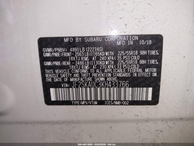 2019 Subaru Forester Limited მანქანა იყიდება აუქციონზე, vin: JF2SKAUC3KH433766, აუქციონის ნომერი: 44513008