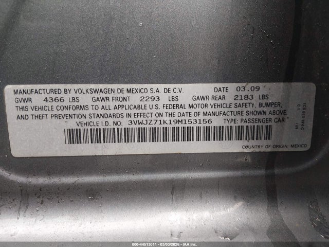 Aukcja sprzedaży 2009 Volkswagen Jetta S, vin: 3VWJZ71K19M153156, numer aukcji: 44513011