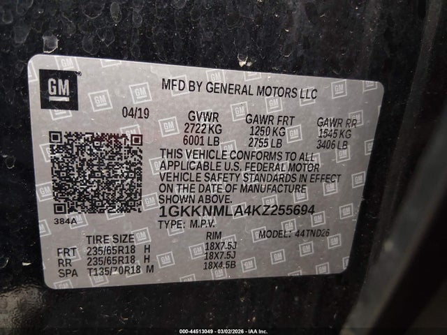 44513049 :رقم المزاد ، 1GKKNMLA4KZ255694 vin ، 2019 Gmc Acadia Slt-1 مزاد بيع