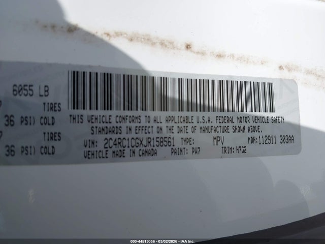 44513056 :رقم المزاد ، 2C4RC1CGXJR158561 vin ، 2018 Chrysler Pacifica Lx مزاد بيع