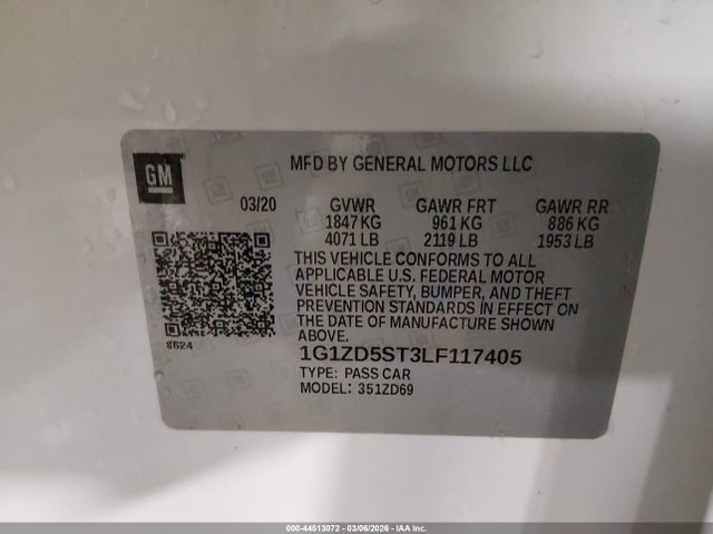 44513072 :رقم المزاد ، 1G1ZD5ST3LF117405 vin ، 2020 Chevrolet Malibu Fwd Lt مزاد بيع