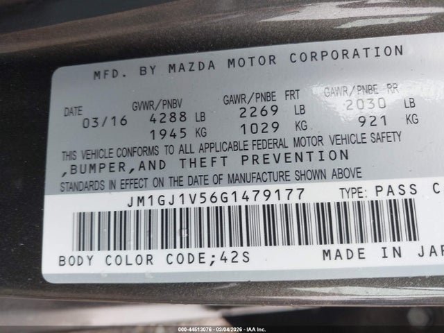 Aukcja sprzedaży 2016 Mazda Mazda6 I Touring, vin: JM1GJ1V56G1479177, numer aukcji: 44513076