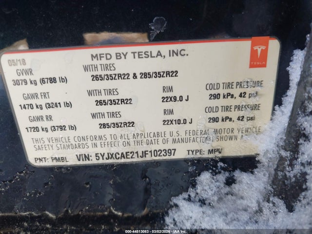 44513083 :رقم المزاد ، 5YJXCAE21JF102397 vin ، 2018 Tesla Model X 100d/75d/p100d مزاد بيع