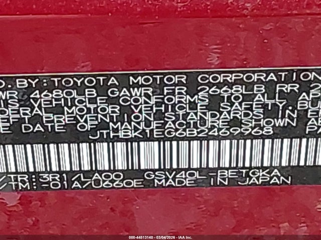 44513140 :رقم المزاد ، JTHBK1EG6B2469968 vin ، 2011 Lexus Es 350 مزاد بيع