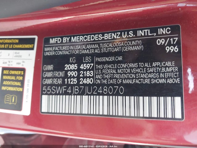 2018 Mercedes-benz C 300 მანქანა იყიდება აუქციონზე, vin: 55SWF4JB7JU248070, აუქციონის ნომერი: 44513141