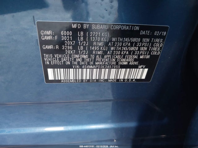 Aukcja sprzedaży 2019 Subaru Ascent Limited, vin: 4S4WMAPD3K3457055, numer aukcji: 44513151