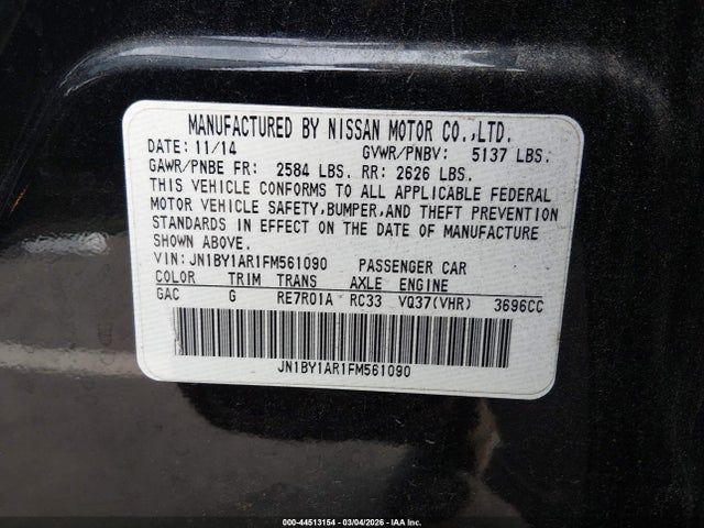44513154 :رقم المزاد ، JN1BY1AR1FM561090 vin ، 2015 Infiniti Q70 3.7x مزاد بيع