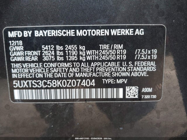 Продаж на аукціоні авто 2019 Bmw X3 M40i, vin: 5UXTS3C58K0Z07404, номер лоту: 44513163