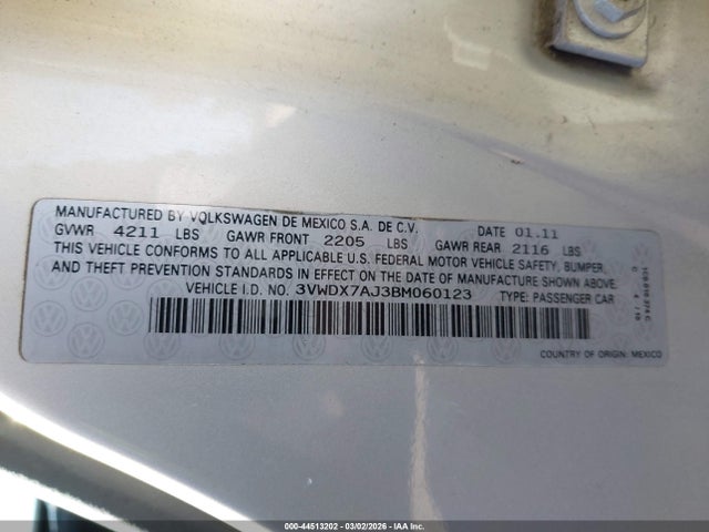 Aukcja sprzedaży 2011 Volkswagen Jetta 2.5l Se, vin: 3VWDX7AJ3BM060123, numer aukcji: 44513202