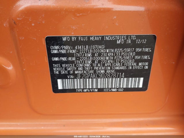 Aukcja sprzedaży 2013 Subaru Xv Crosstrek 2.0i Limited, vin: JF2GPAKC9D2828714, numer aukcji: 44513223