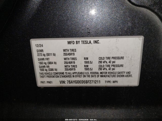 Aukcja sprzedaży 2025 Tesla Model Y Long Range Single Motor Rear-wheel Drive, vin: 7SAYGDED5SF271211, numer aukcji: 44513272