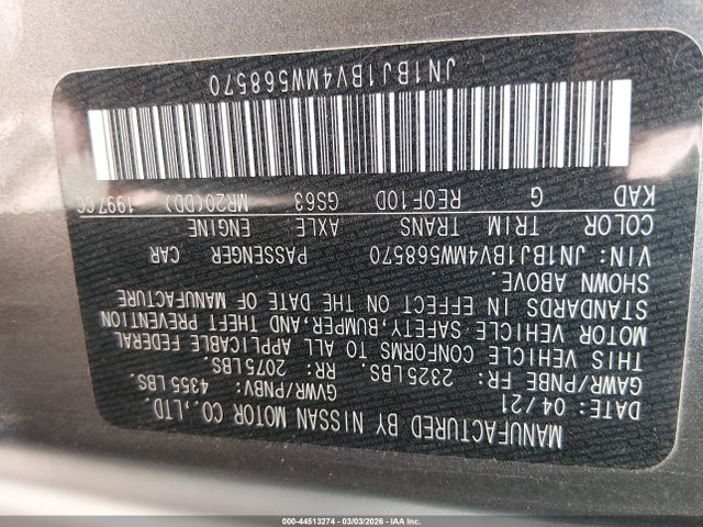 Aukcja sprzedaży 2021 Nissan Rogue Sport Sv Fwd Xtronic Cvt, vin: JN1BJ1BV4MW568570, numer aukcji: 44513274