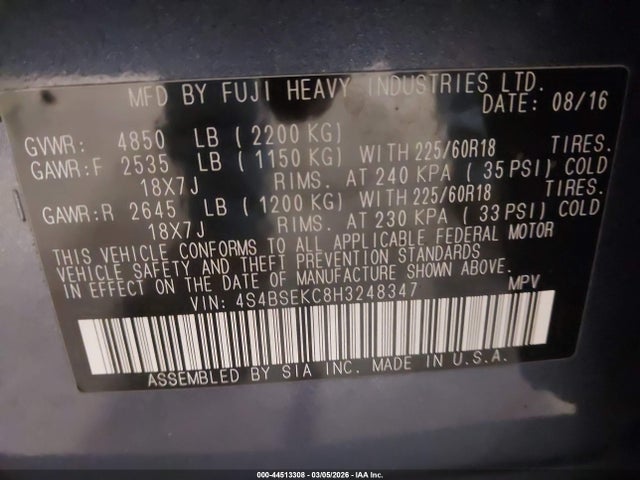 2017 Subaru Outback 3.6r Limited მანქანა იყიდება აუქციონზე, vin: 4S4BSEKC8H3248347, აუქციონის ნომერი: 44513308