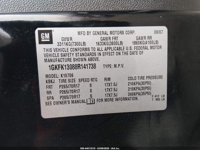 2008 Gmc Yukon Slt მანქანა იყიდება აუქციონზე, vin: 1GKFK13088R141738, აუქციონის ნომერი: 44513310