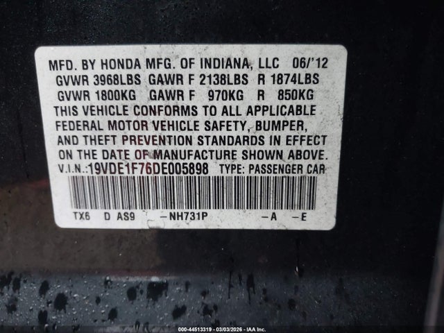 44513319 :رقم المزاد ، 19VDE1F76DE005898 vin ، 2013 Acura Ilx 2.0l مزاد بيع