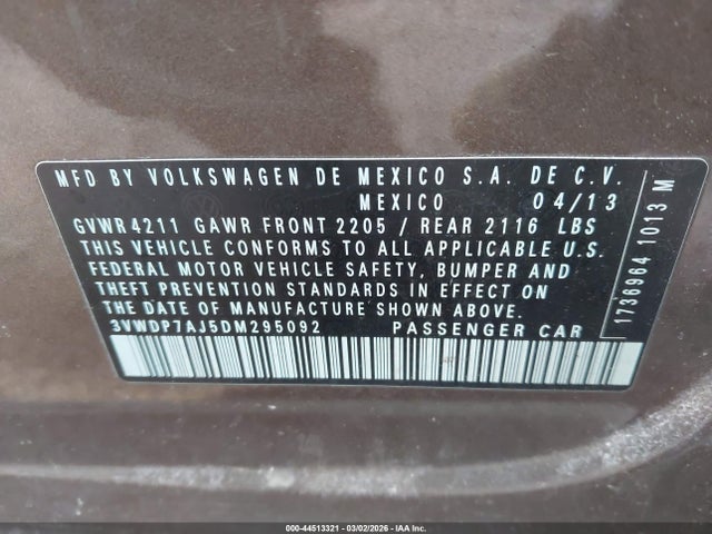 44513321 :رقم المزاد ، 3VWDP7AJ5DM295092 vin ، 2013 Volkswagen Jetta 2.5l Se مزاد بيع