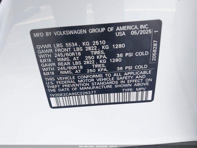 Продажа на аукционе авто 2025 Volkswagen Atlas Cross Sport 2.0t Se, vin: 1V2DE2CA9SC226377, номер лота: 44513328