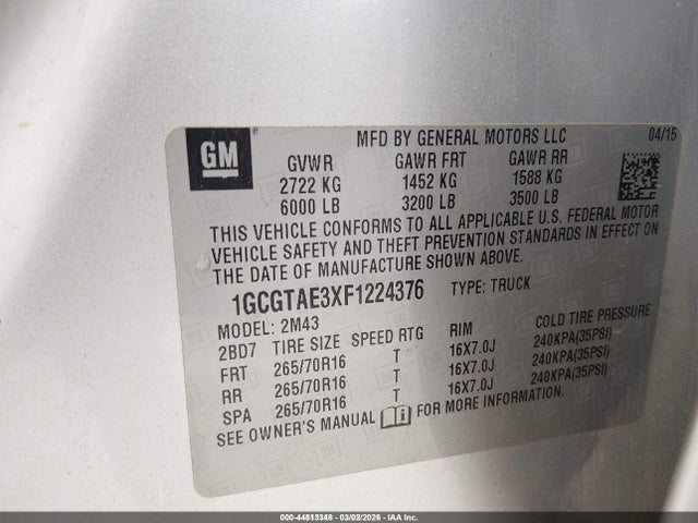 1GCGTAE3XF1224376 Chevrolet Colorado Wt