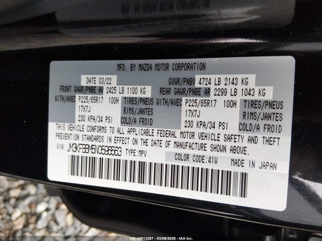 2022 Mazda Cx-5 2.5 S Select მანქანა იყიდება აუქციონზე, vin: JM3KFBBM5N0596563, აუქციონის ნომერი: 44513367