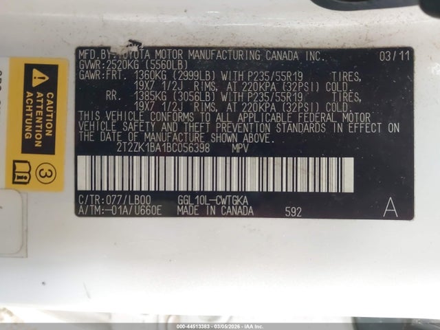44513383 :رقم المزاد ، 2T2ZK1BA1BC056398 vin ، 2011 Lexus Rx 350 مزاد بيع