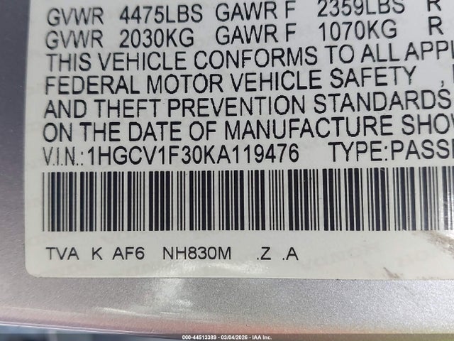 44513389 :رقم المزاد ، 1HGCV1F30KA119476 vin ، 2019 Honda Accord Sport مزاد بيع