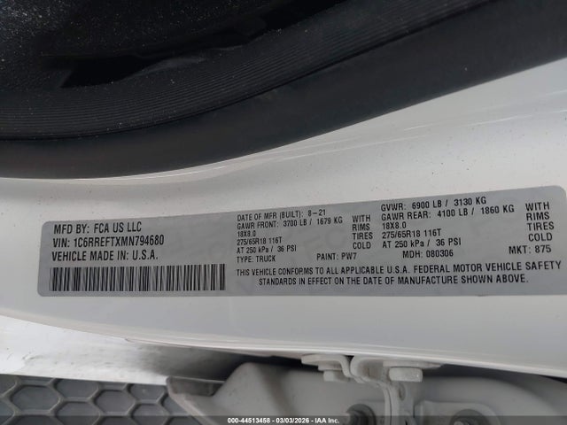 Продажа на аукционе авто 2021 Ram 1500, vin: 1C6RREFTXMN794680, номер лота: 44513458