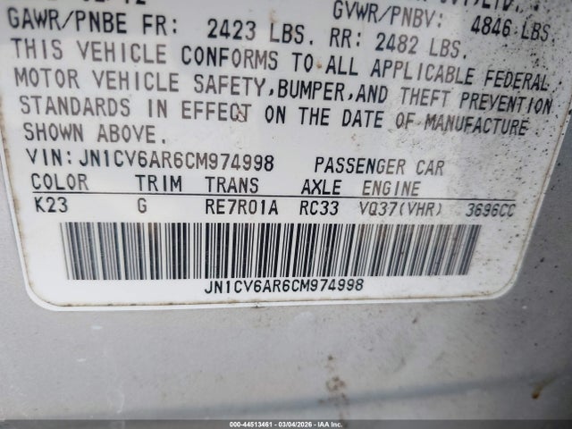 Aukcja sprzedaży 2013 Infiniti G37x, vin: JN1CV6AR6CM974998, numer aukcji: 44513461