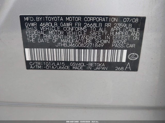 44513468 :رقم المزاد ، JTHBJ46G082271849 vin ، 2008 Lexus Es 350 مزاد بيع